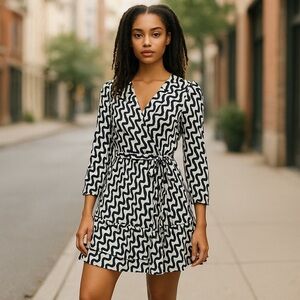 Jessica Simpson cream/black Abstract COTTON V-neck ruffle bottom dress SZ-Large